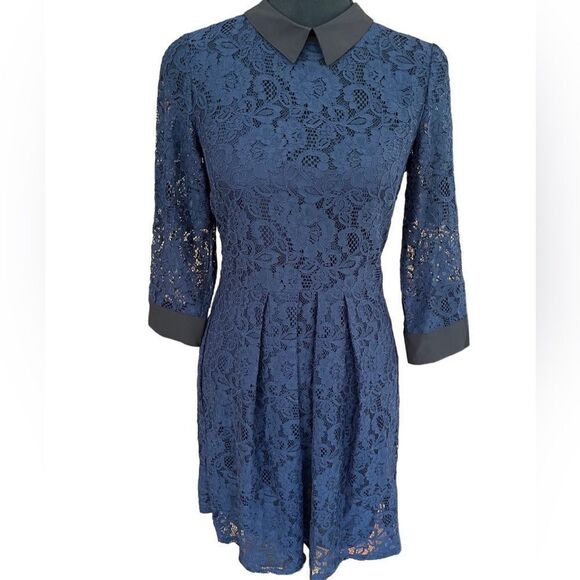 BCBGeneration navy blue lace fit and flare dress with black collar/cuffs, size 2 - Picture 1 of 6